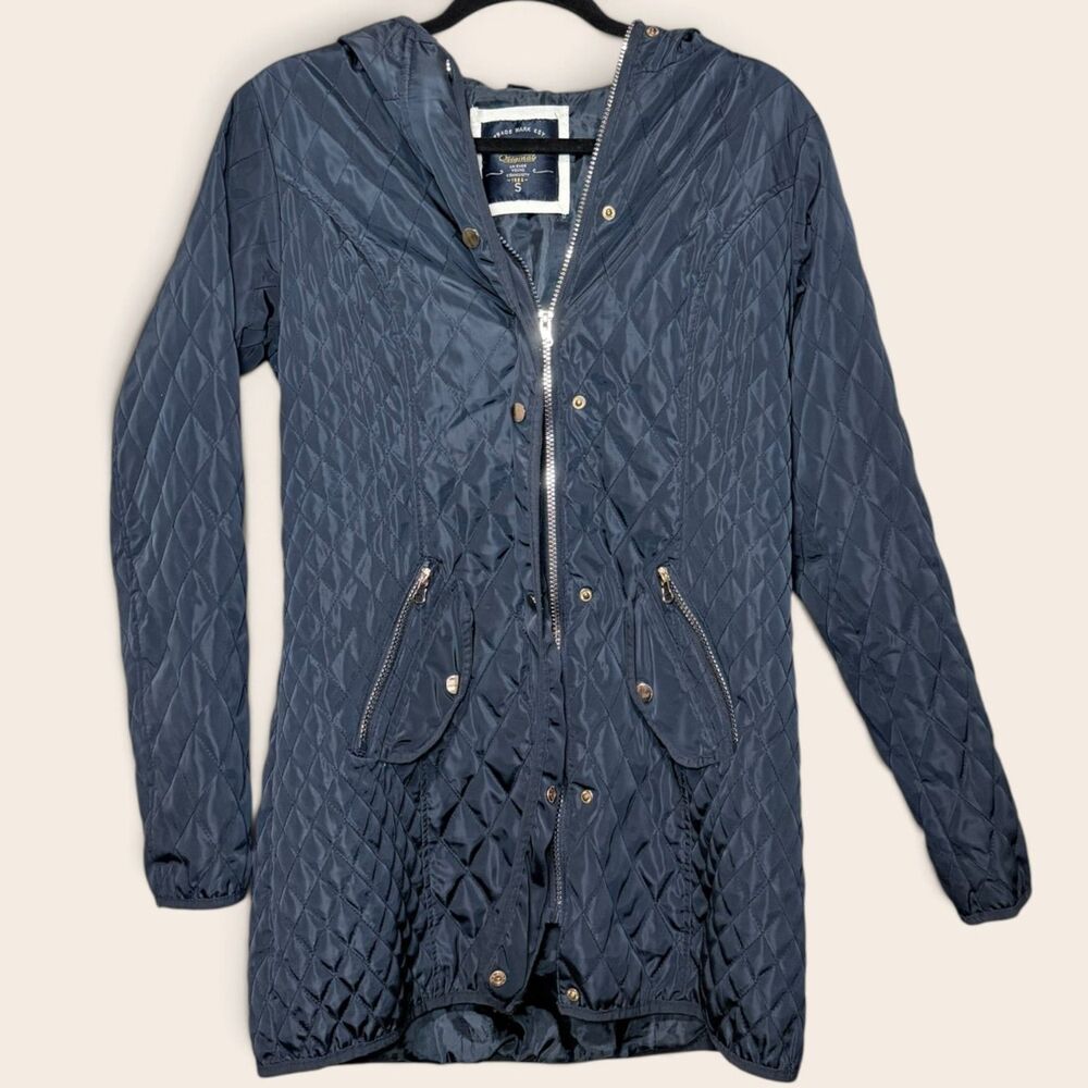 Cavallini Originals Navy Quilted Hooded Jacket Size S Longline Utility Coat